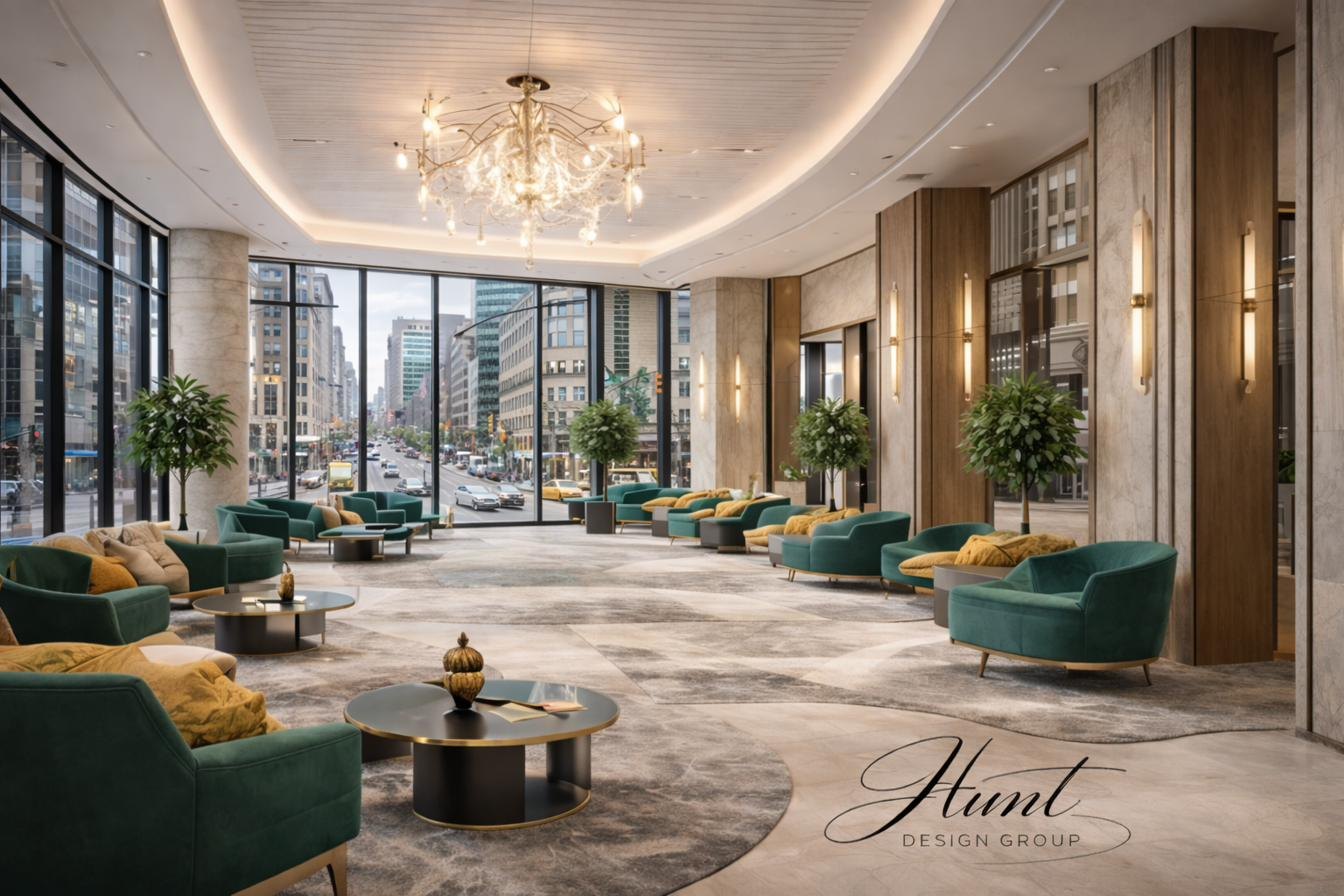 Grand financial institution lobby with chandelier, marble, and gold accents